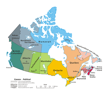 English: A map of Canada exhibiting its ten pr...